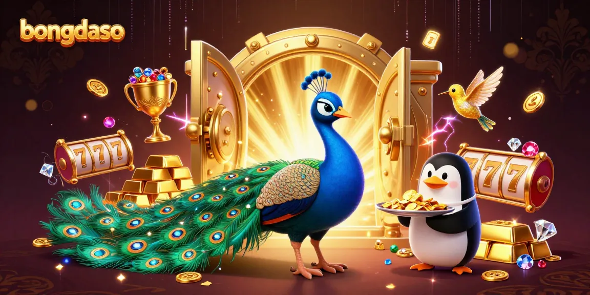 Bongdaso shines in a colorful casino scene featuring a peacock, penguin, and hummingbird amidst gold and slot elements.