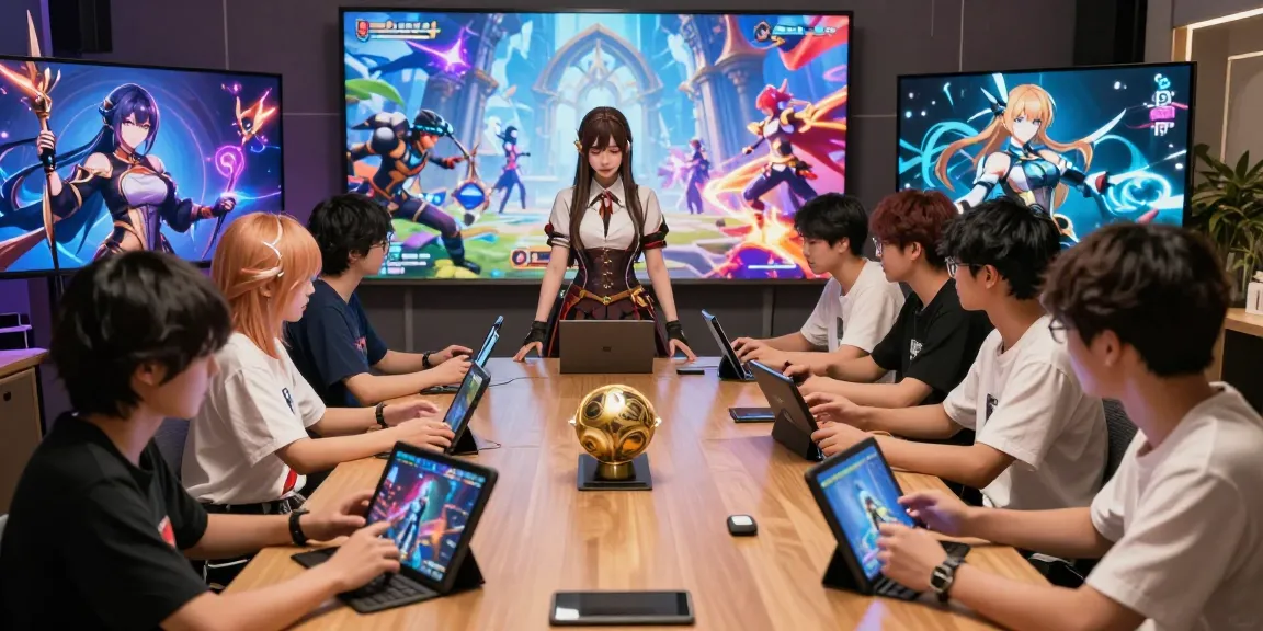Hentai game characters strategizing in a dynamic fantasy environment with devices, showcasing exciting gameplay.