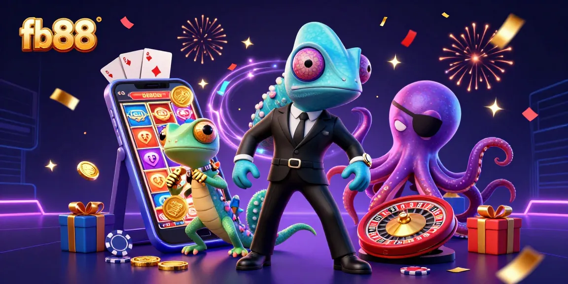 fb88 showcases an exciting 3D casino scene with a chameleon agent, a gecko Q, and an octopus amid vibrant casino elements.