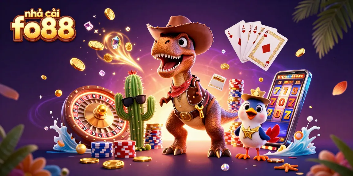 Experience thrills at nhà cái fo88 with a vibrant 3D illustration celebrating casino fun.