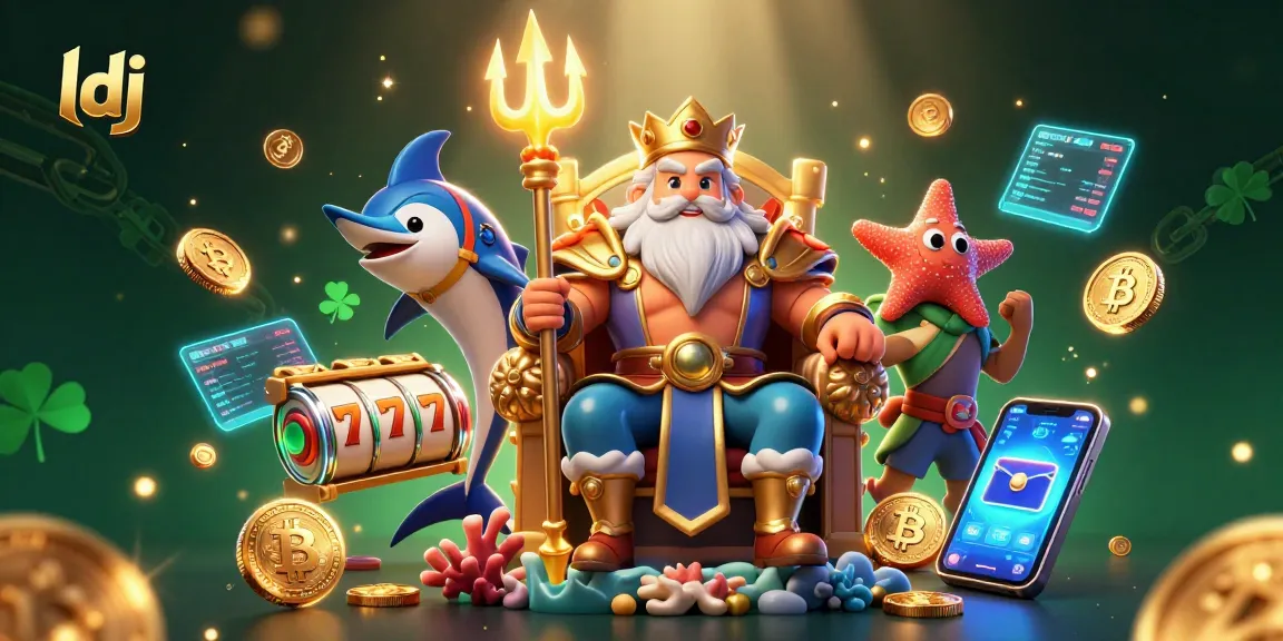 Spin the reels with ldj in a vibrant 3D casino scene showcasing Neptune, crypto coins, and more!