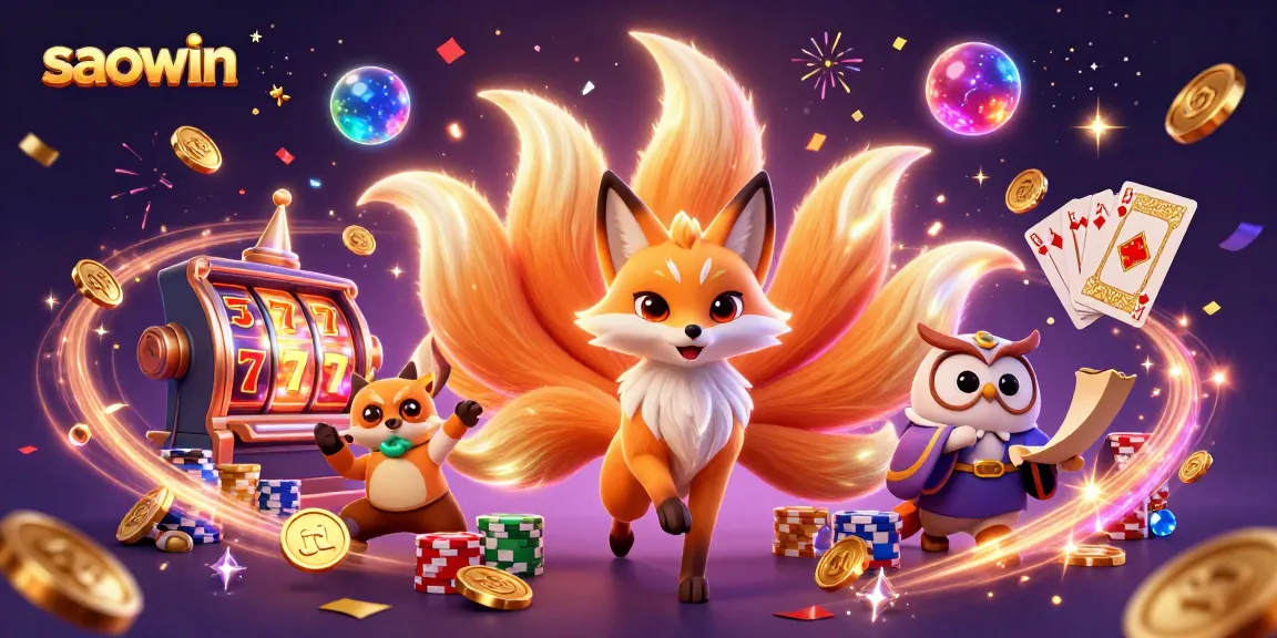 Engage with saowin's vibrant online casino experience featuring a nine-tailed fox, glowing orbs, and dynamic game elements.