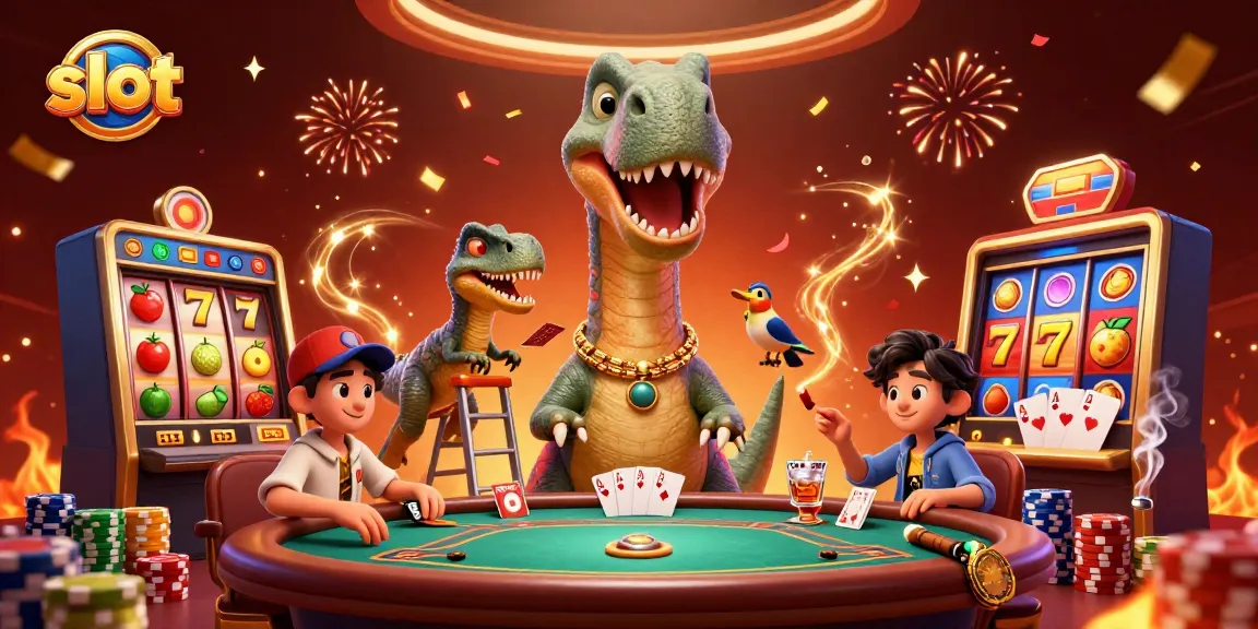 Experience exciting slot action with a giant brontosaurus and clever raptor in a vibrant casino setting