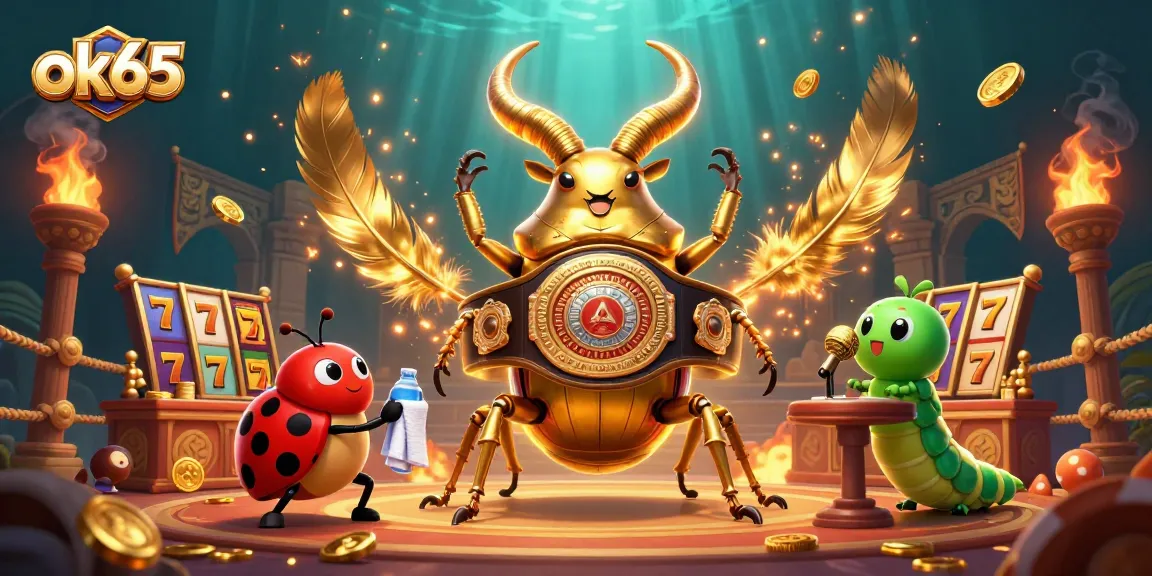 Engage with the thrilling ok65 game scene featuring a boxing beetle, ladybug corner-man, dynamic slot elements, and vibrant casino atmosphere.