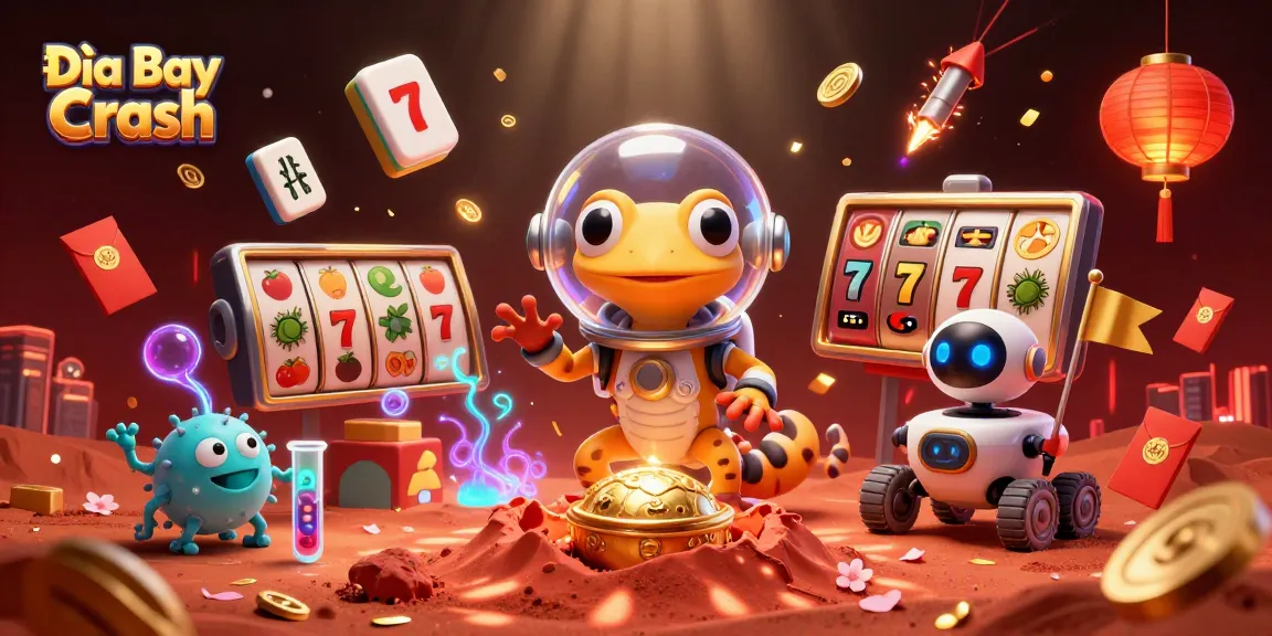 Engage in the Đĩa Bay Crash with a vibrant 3D illustration showcasing a Martian gecko and gambling elements.