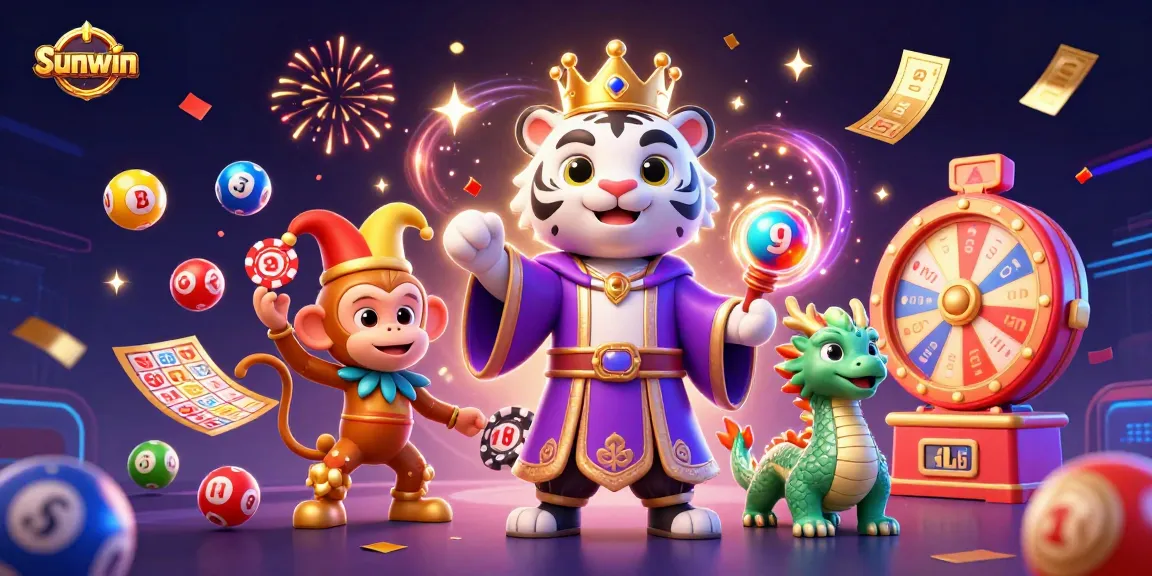 Play exciting games on Sunwin with a lively illustration of a royal tiger, a juggling monkey, and a jade dragon amidst vivid casino elements.
