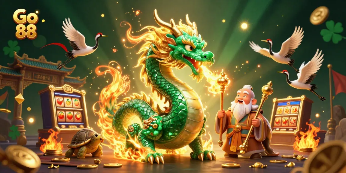 Engage in thrilling gameplay at Go 88 with this dynamic illustration featuring a jade dragon, turtle sage, and slot machines.