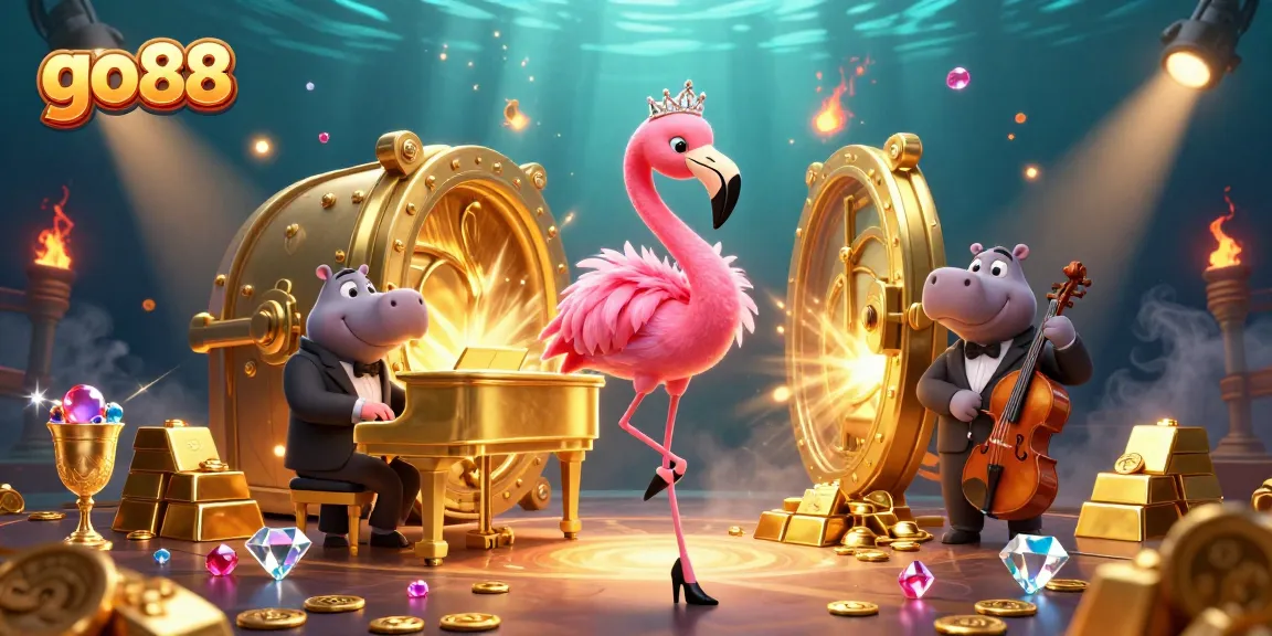 Experience the thrill of go88 gaming with dynamic casino characters and vibrant treasures surrounding them.