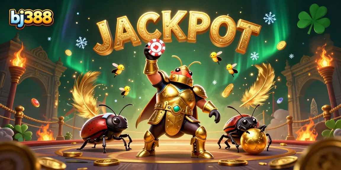 Experience winning with bj388 as a hercules beetle triumphantly raises a poker chip while fireflies celebrate with jackpot confetti.