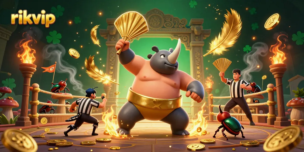 Experience winning strategies at rikvip with a vibrant illustration of a beetle boxing champion surrounded by rewards.
