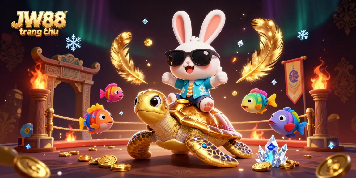 Experience JW88 trang chủ with an adorable rabbit and a golden sea turtle in a vibrant casino scene.