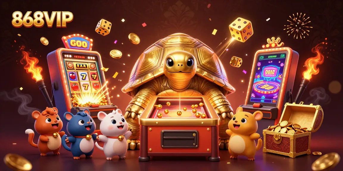 Experience thrilling jackpots at 868VIP with a vibrant casino-themed digital illustration showcasing a colossal tortoise.