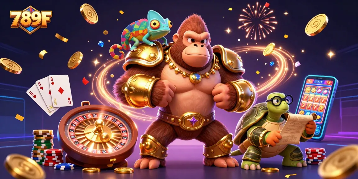 Experience thrilling action with 789F's dynamic 3D casino scene featuring a gorilla king, chameleon, and turtle elder.