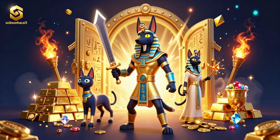 Engage with soikeonhacai5 featuring an Egyptian warrior and glowing treasures in a vibrant scene.