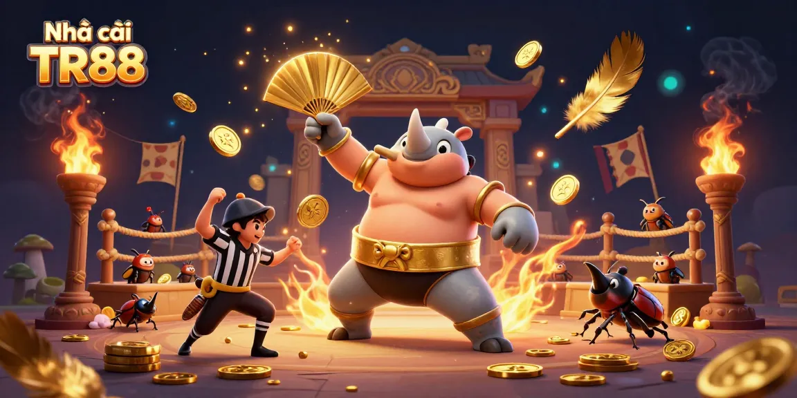 Experience thrilling wins at Nhà cái TR88 with a dynamic scene of gambling excitement featuring cartoon characters.