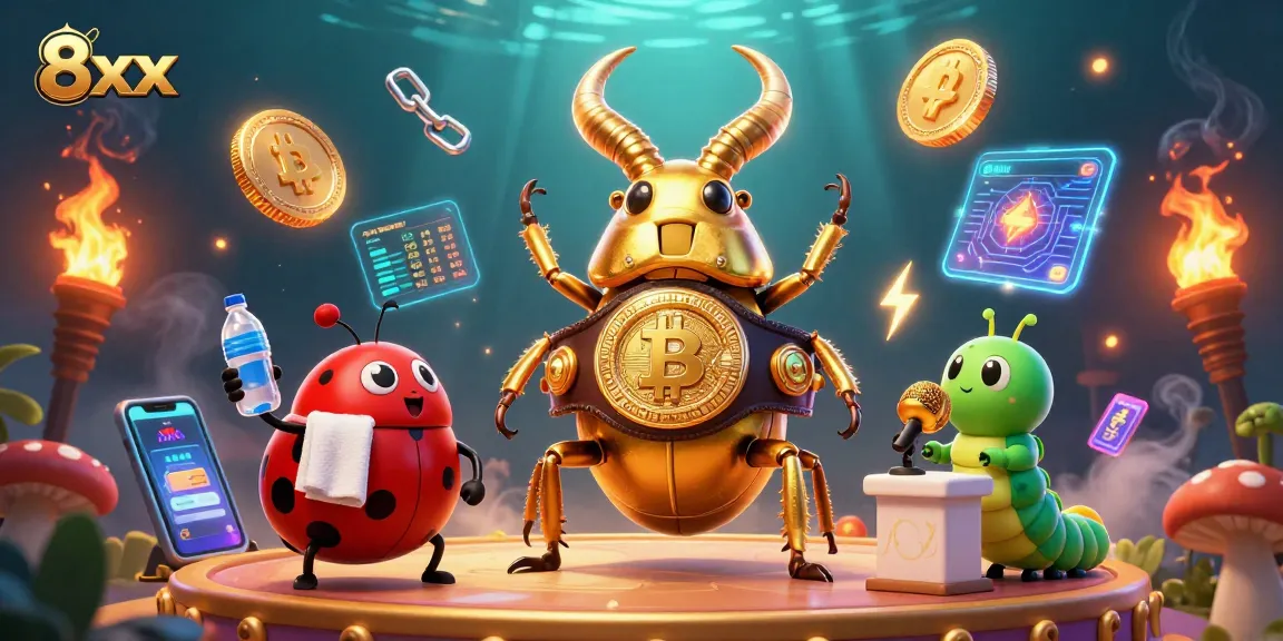 Engage with the thrilling 8xx gaming scene, highlighted by a golden stag beetle champion in a vibrant arena.