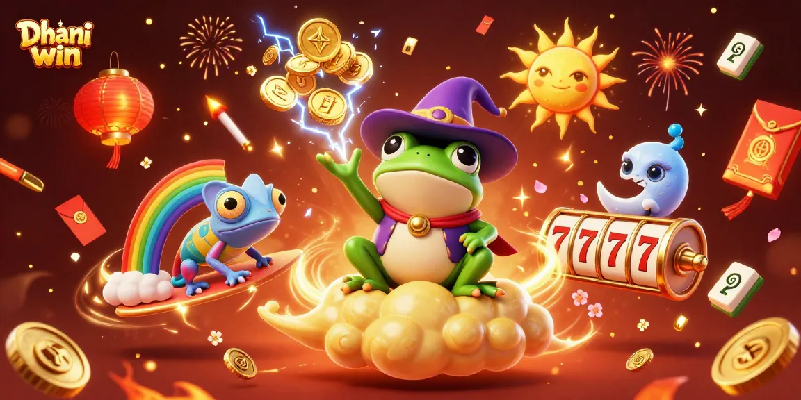 Dhani win platform showcases a vibrant 3D cartoon scene with magical casino elements and characters for thrilling gaming experiences.