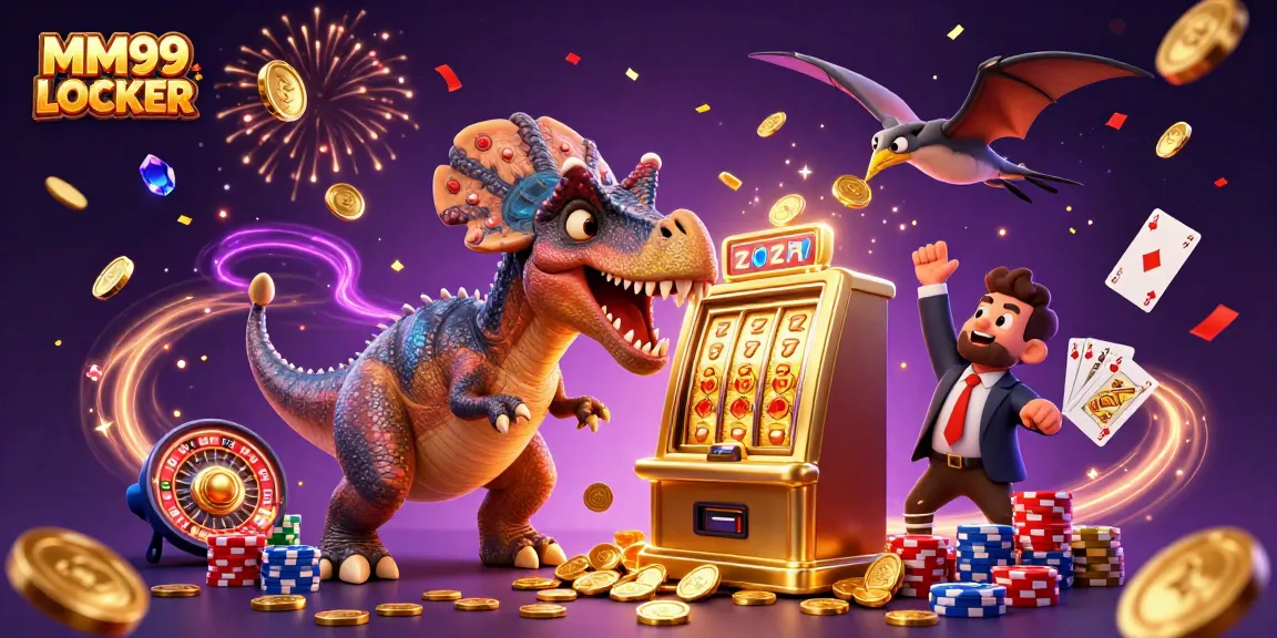 Engage with MM99 LOCKER as a pachycephalosaurus celebrates a jackpot with golden coins cascading around.