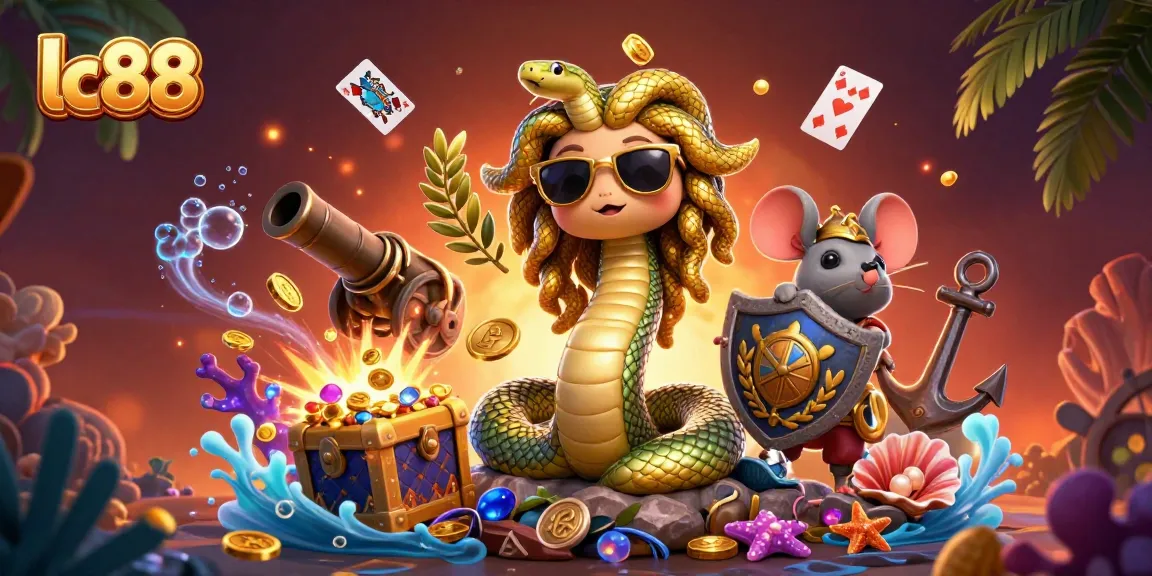 Engage in thrilling slots at lc88 with 3D illustration showcasing casino games, gold coins, and vibrant characters.