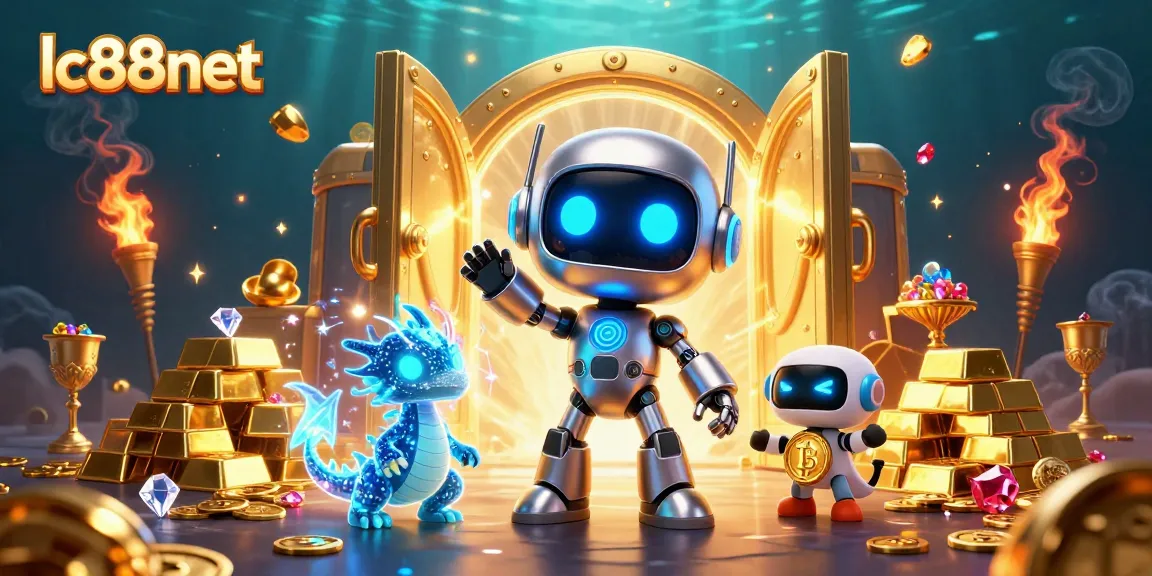 Experience thrilling gaming at lc88net with a vibrant scene of our cyberpunk robot mascot, treasures, and exciting casino elements.
