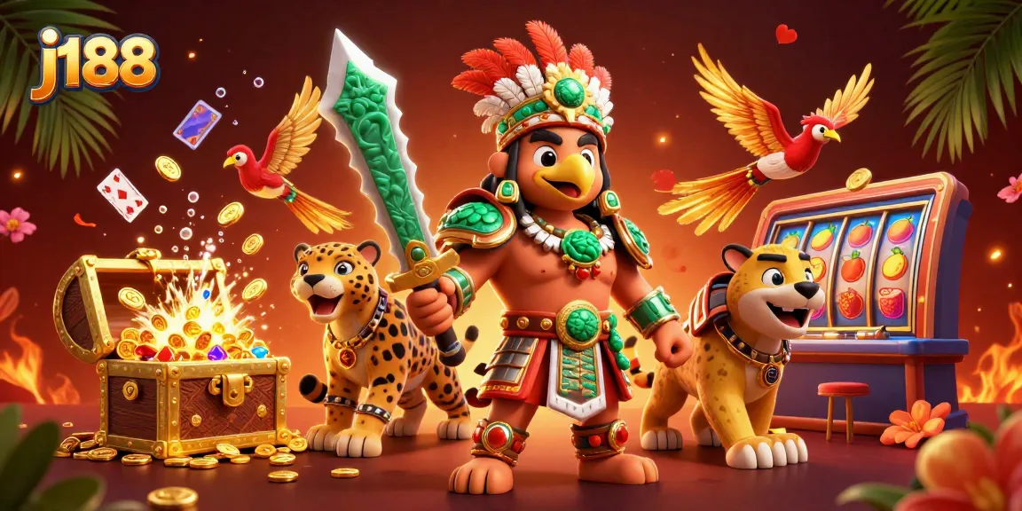 Experience exciting gaming at j188 with stunning visuals of an Aztec warrior and dynamic casino elements.