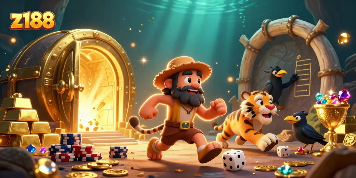 Experience excitement with z188 as cavemen and a tiger run a vibrant casino.