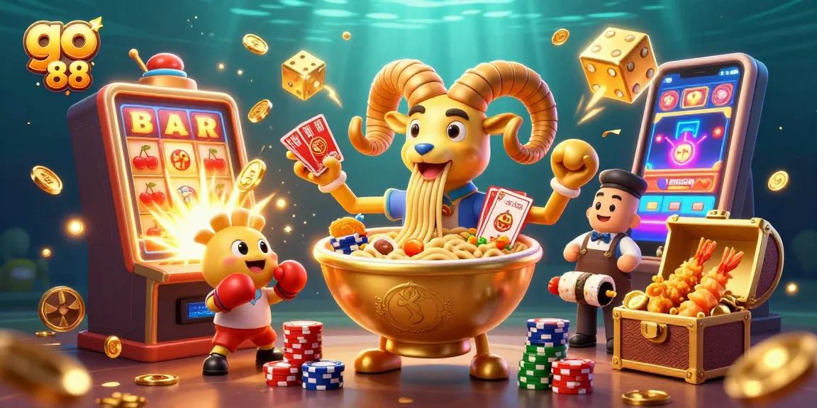Experience thrilling gaming action at go 88 with a cartoon ramen bowl dealer and slot jackpots!