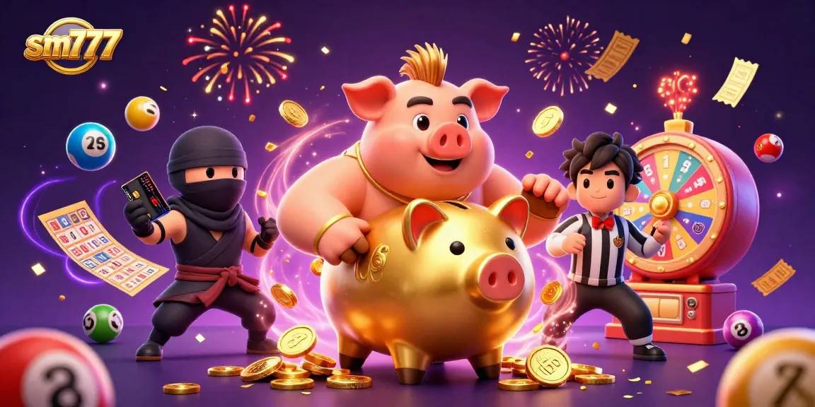 Engage with thrilling casino action featuring the sm777 piggy bank sumo wrestler amid colorful lottery elements.