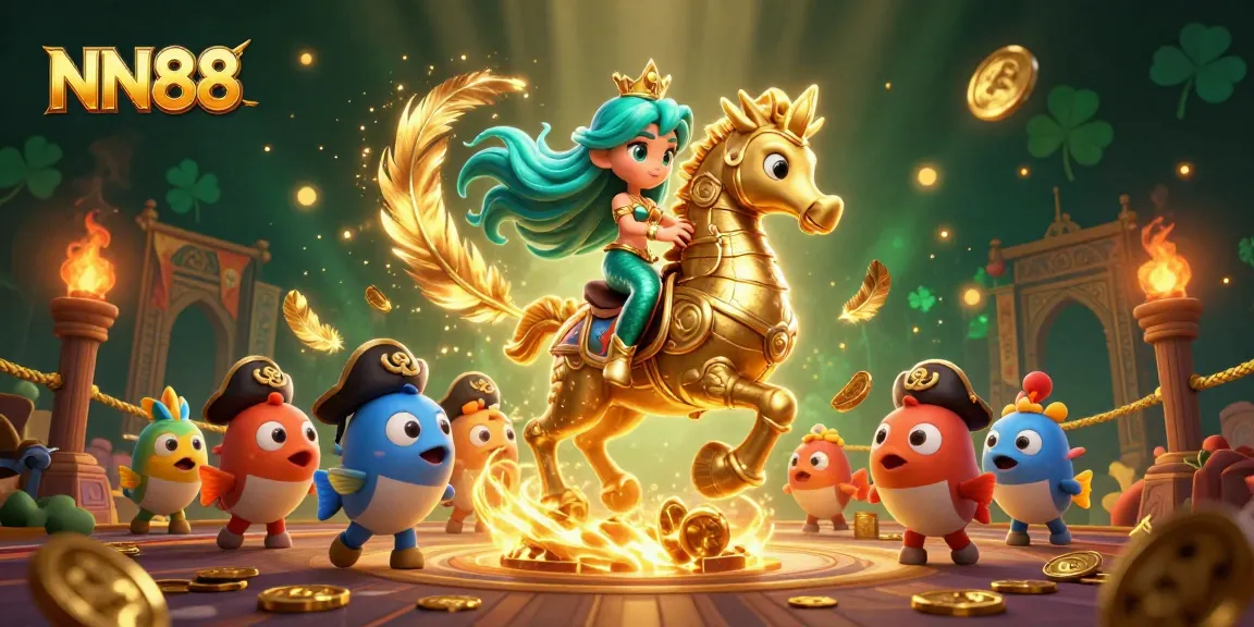 Engage with NN88's vibrant gaming world featuring a mermaid princess and spirited sea creatures on a seahorse.