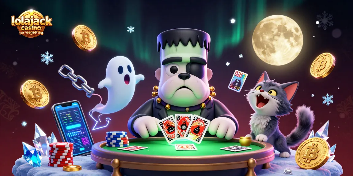Experience thrilling gameplay with lolajack casino no wagering as a Frankenstein bulldog deals cards amid crypto coins.