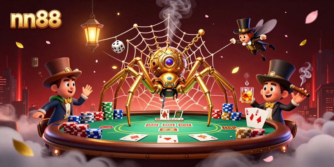 nn88 offers a thrilling atmosphere with a vibrant steampunk-inspired casino scene featuring a golden spider.