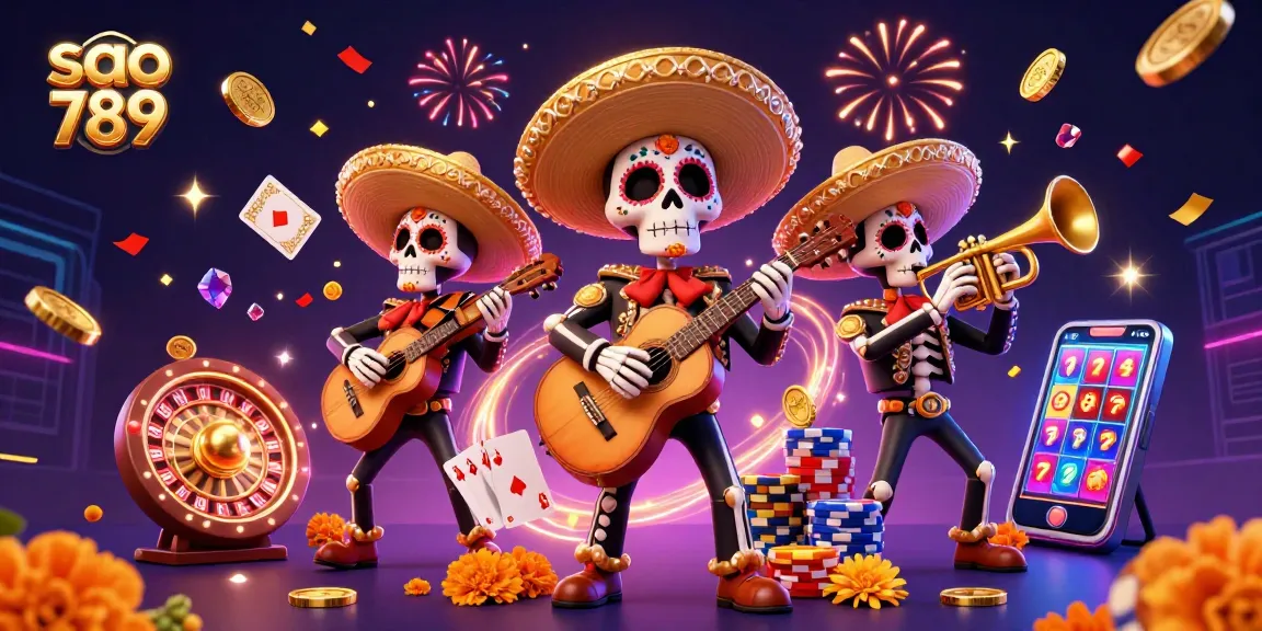 Sparkling celebration at sao 789 casino featuring vibrant mariachi band, golden coins cascading, and a roulette wheel.
