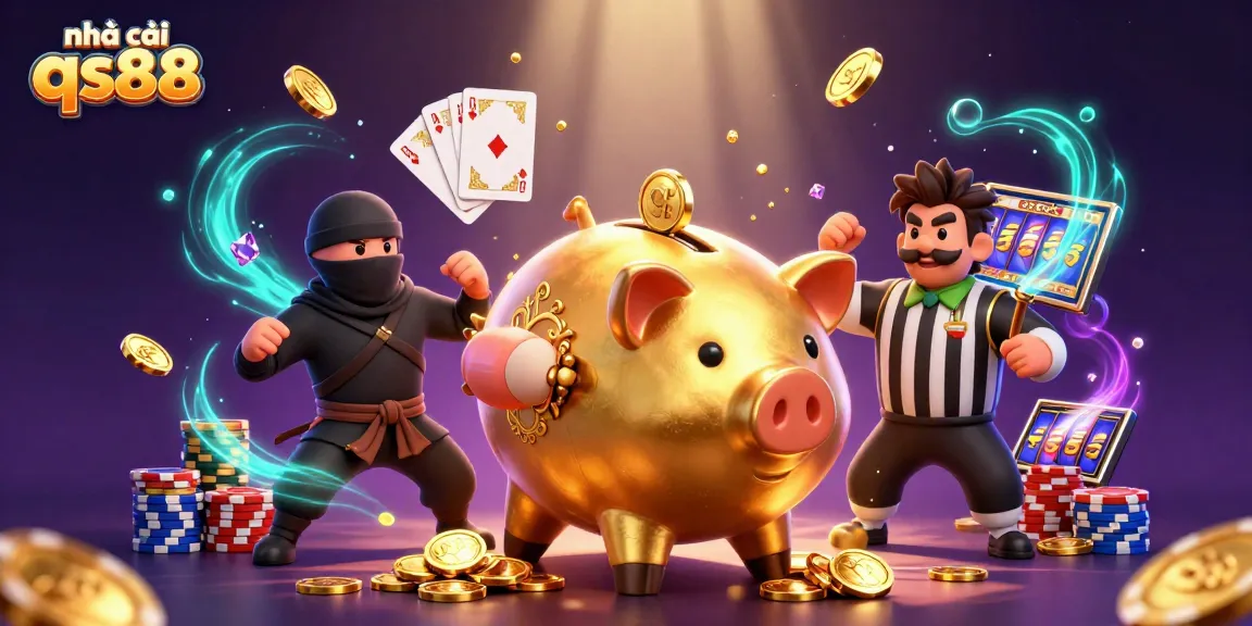 Experience thrilling action with nhà cái qs88 in a vibrant 3D casino illustration featuring dynamic characters and casino elements.