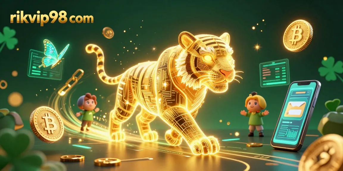 Engage with rikvip98 com as a golden tiger lights up a dynamic digital casino, showcasing crypto elements.