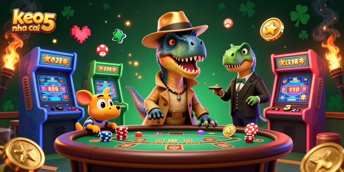 Experience thrilling bets with keo nha cai 5 as a velociraptor card counter interacts in a vibrant casino scene.