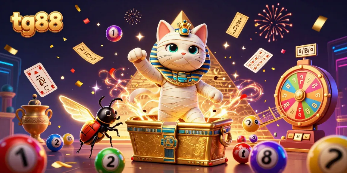Play exciting games at tg88, featuring a colorful casino scene with iconic elements like glowing lottery balls and festive confetti.