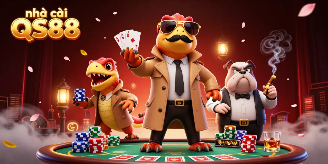 Engage with nhà cái QS88 as cartoon raptors sneak into a VIP casino, embodying playful gambling spirit.