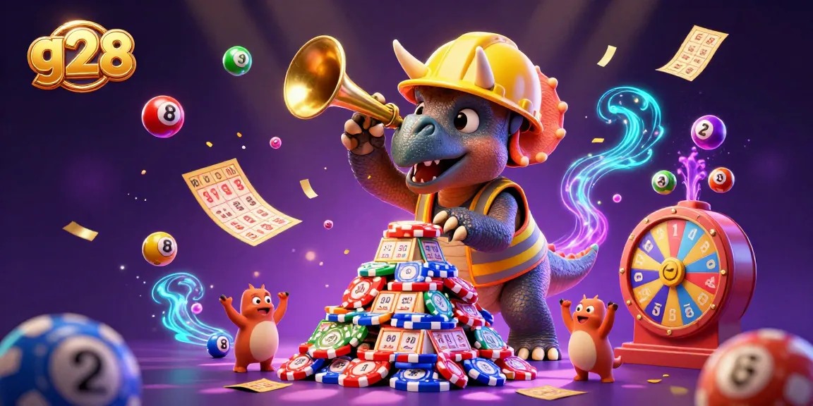 g28 showcases a lively gambling scene with vibrant characters building poker chip pyramids amidst celebration.