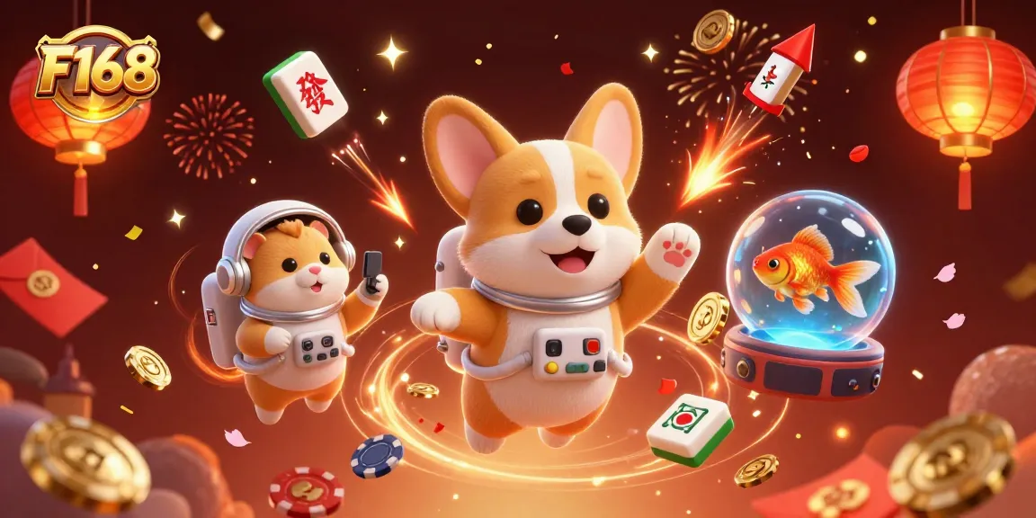 Engage with F168 at a vibrant space casino featuring a corgi astronaut and floating elements.
