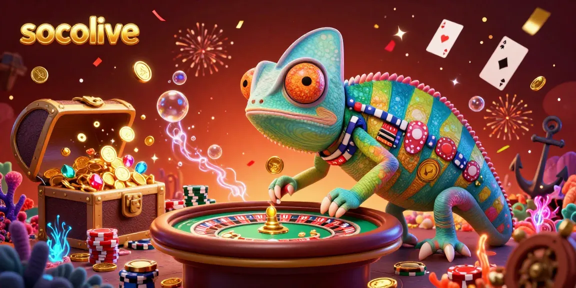 Socolive offers an exciting 3D cartoon scene featuring a chameleon casino owner collecting coins amidst vibrant gaming elements.