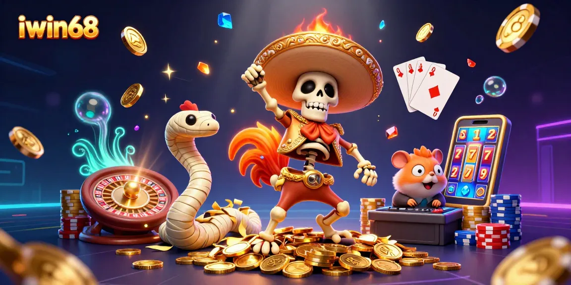 Iwin68 celebrates wins with vibrant casino characters on a rich treasure backdrop.