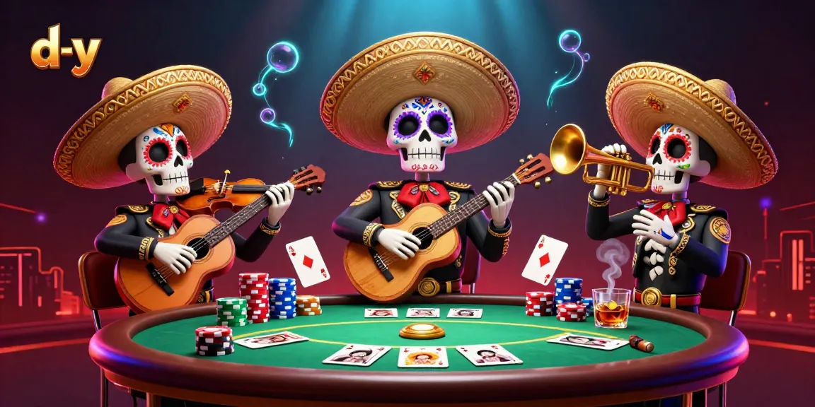 Engage with d-y's vibrant poker scene featuring colorful mariachi skeletons and a rich casino atmosphere.