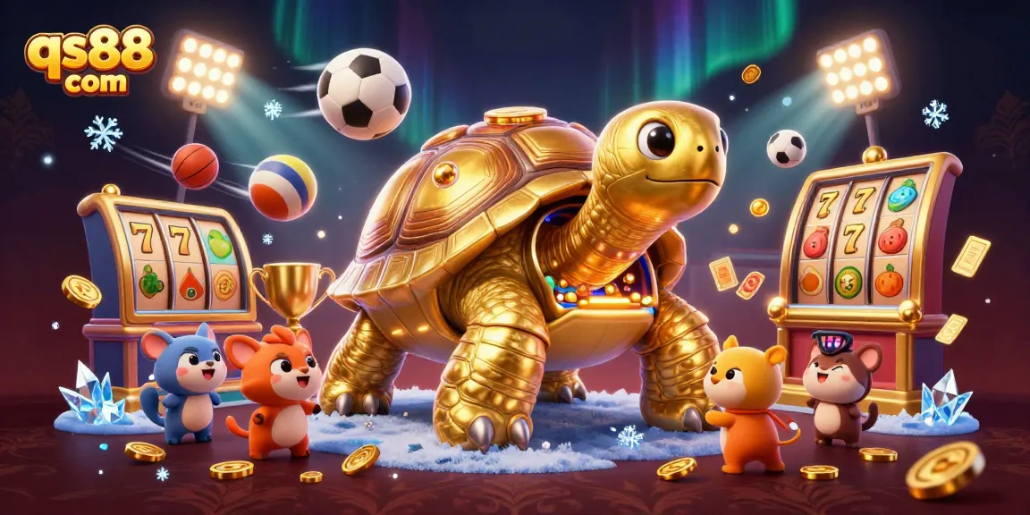 Play exciting slots at qs88 com with a magical tortoise pinball machine amidst vibrant casino elements.