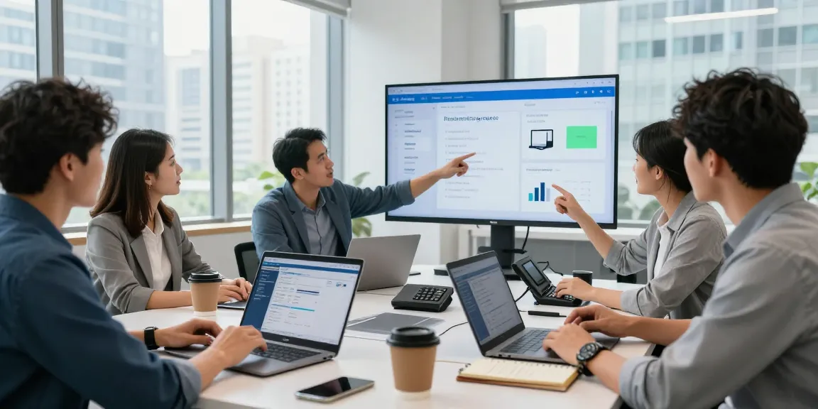 Team collaborating on business phone solutions in a modern office, showcasing technology and teamwork.