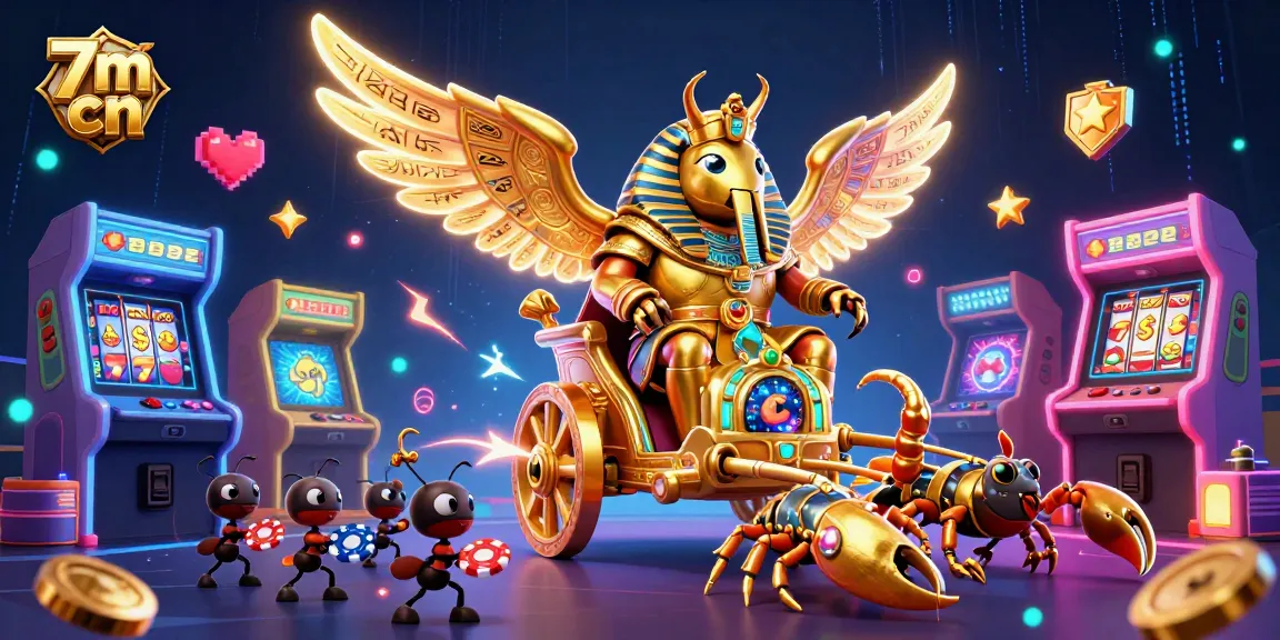 Experience thrilling gaming action with the vibrant scene of 7m cn, showcasing a colossal scarab beetle and gambling elements.
