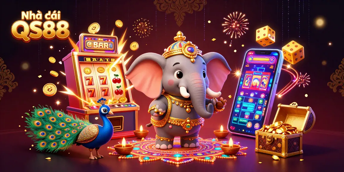 Experience thrill at Nhà cái QS88 with a vibrant jackpot explosion and colorful casino elements in a dynamic illustration.