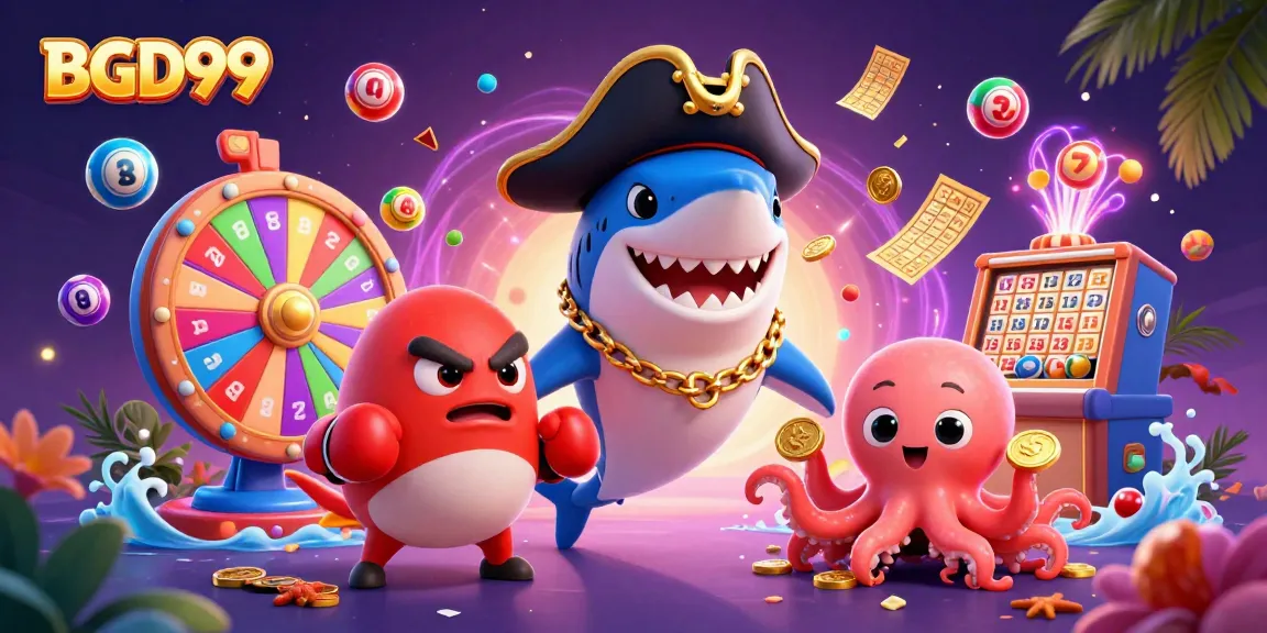 BGD99 captures exciting gaming moments with a 3D illustration featuring a pirate shark and colorful lottery elements.