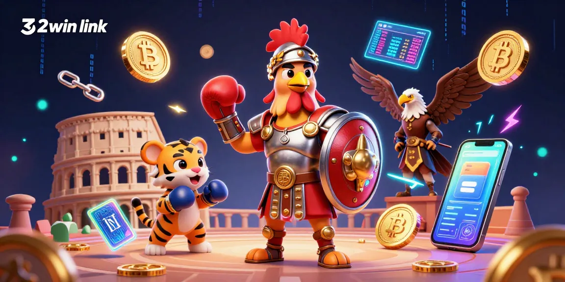 Engage with the 32win link at the dynamic online casino arena featuring 3D gladiator rooster.