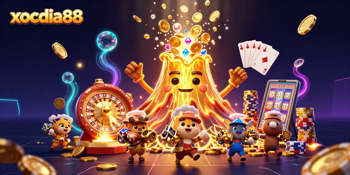Engage in thrilling gameplay with xocdia88 as vibrant coins and treasures explode from a golden volcano.