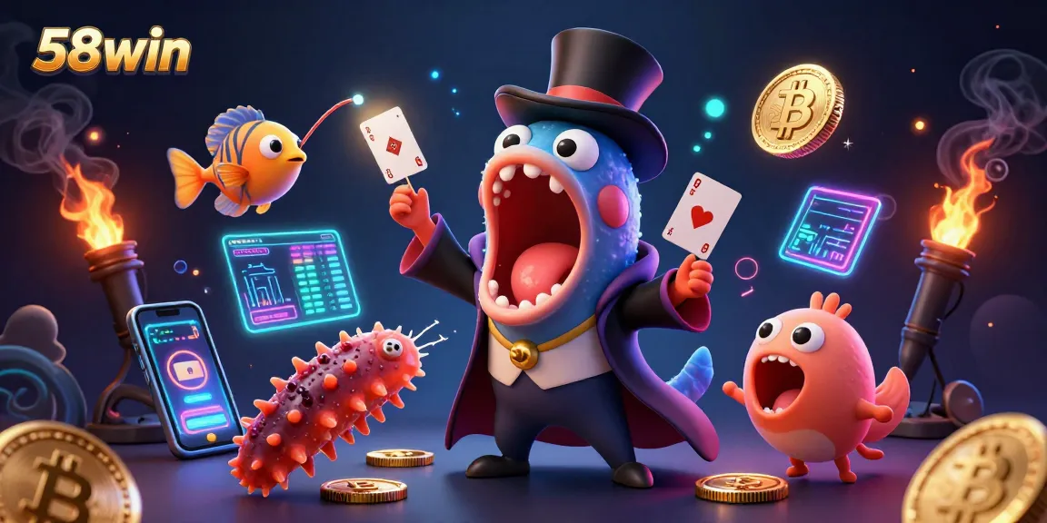 Engage with thrilling 58win gameplay as a bioluminescent eel performs magical card tricks amid vibrant casino elements.